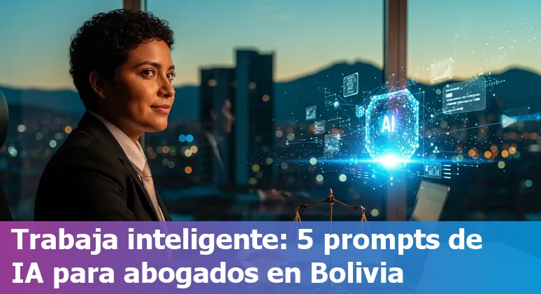 Bolivian lawyer using AI prompts on a laptop with Bolivian flag and legal texts