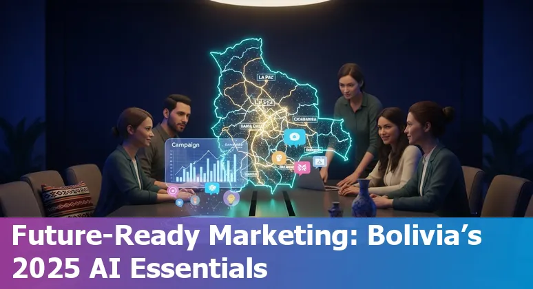 Collage of AI marketing tool logos (HubSpot, ChatGPT, Jasper, SurferSEO, SEMrush, ManyChat, MarketMuse, Adobe Firefly, Lumen5, Seventh Sense) over a map of Bolivia