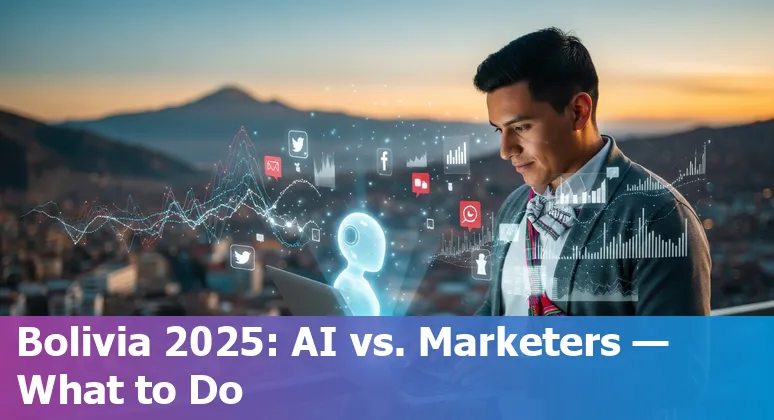 Bolivian marketer using AI tools on a laptop, planning localised marketing and data-driven campaigns in Bolivia, 2025