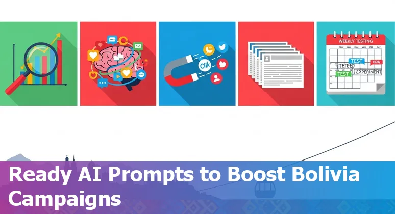 Bolivian marketer using AI prompts on laptop with icons for WhatsApp, Facebook, Instagram, TikTok and radio