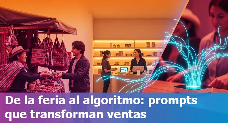 Bolivian retail store with AI icons showing prompts, electronic shelf labels, chat assistant and inventory charts