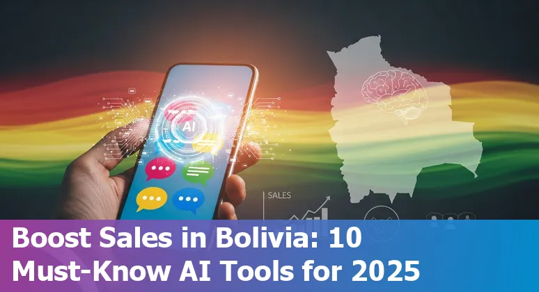 Bolivian sales professional using AI sales tools (Salesforce, HubSpot, ChatGPT) on a laptop with a Bolivia flag in the background