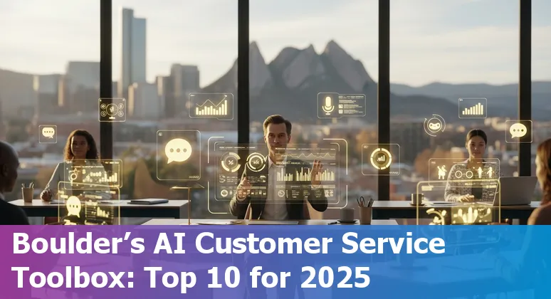 Boulder customer service team using AI chatbots and help desk tools on laptops with Flatirons in background