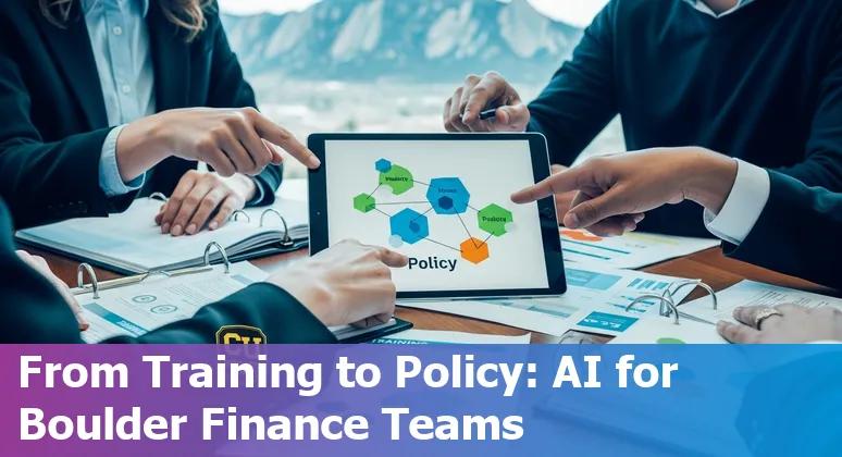 Finance professional reviewing AI tools in Boulder, Colorado office with CU Boulder resources visible