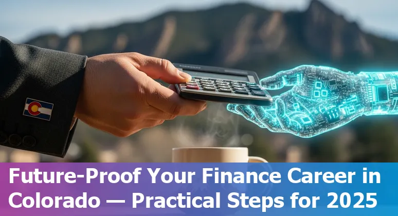 Finance professional using AI tools on a laptop in Boulder, Colorado skyline, 2025