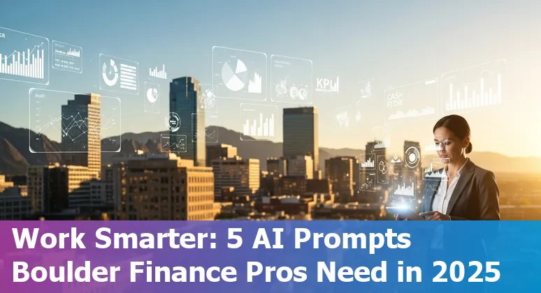 Finance professional using AI prompts on a laptop with Boulder landscape in the background