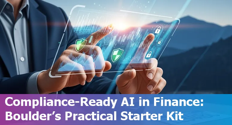 AI-driven financial services planning in Boulder, Colorado skyline with tech icons and local tax note.