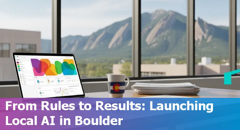 City hall and AI icons overlaid on Boulder, Colorado skyline representing AI use in Boulder government in 2025