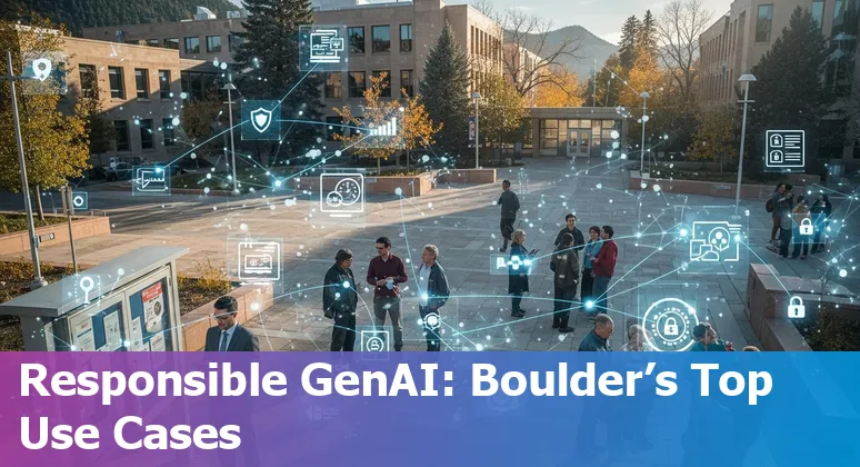 City government staff using AI tools on a laptop with Colorado state building in background.