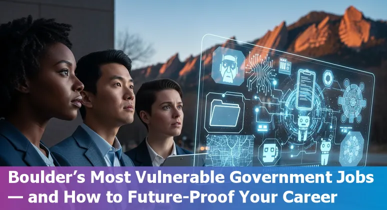 City of Boulder government employee at a service desk with AI icons indicating automation risk and reskilling pathways.
