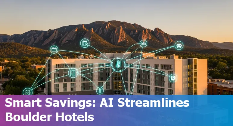Hotel lobby with AI dashboard overlay in Boulder, Colorado showing scheduling, inventory, and energy savings for Boulder, Colorado hospitality