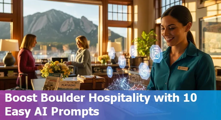 Boulder hotel with Flatirons view and AI overlay icons for concierge, pricing, and sustainability.