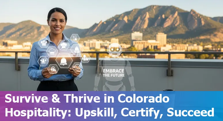 Hospitality worker in Boulder using digital training on a tablet with Flatirons in background.