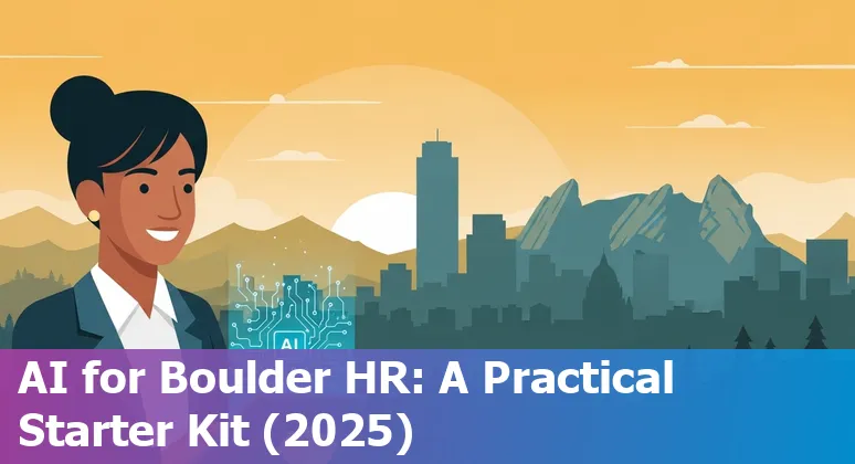HR professional using AI tools in an office in Boulder, Colorado with Flatirons view