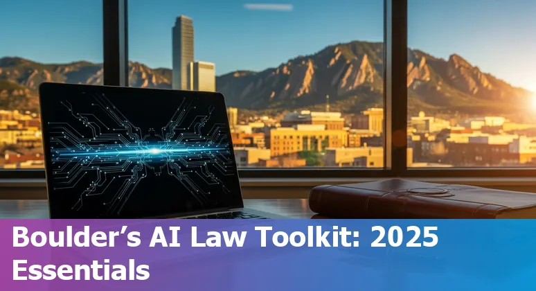 Lawyer at desk using AI legal tools on laptop with Boulder Colorado skyline in background