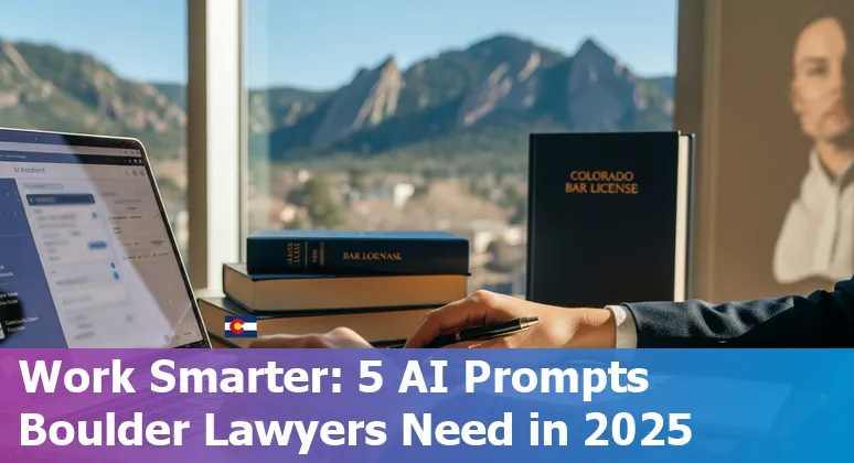 Lawyer using AI on laptop with Boulder mountains in background — prompts for case law, contracts, demand letters, compliance, and intake.