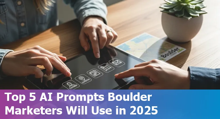 Boulder marketing professional using AI prompts on a laptop with Flatirons in background