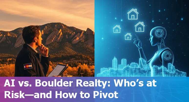 Boulder skyline with housing neighborhood overlay and AI icons representing automation threats to real estate jobs