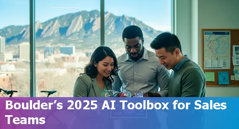 Collage of AI sales tools logos (Saleshandy, Salesforce Einstein, Salesloft, Intercom, Vapi.ai, Clari, Factors.ai, Reclaim, Heygen, Pipedrive) with Boulder skyline.