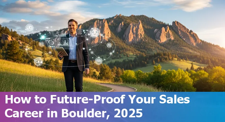 Boulder, Colorado sales team using AI tools on laptops, skyline and Flatirons in background