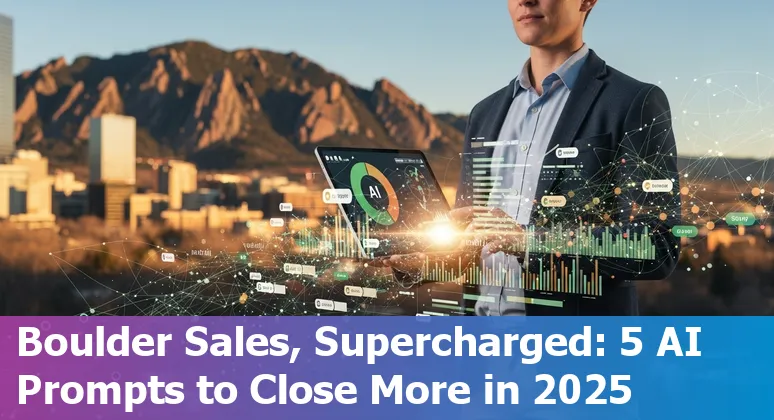 Sales professional using AI prompts on a laptop with Boulder mountains in the background