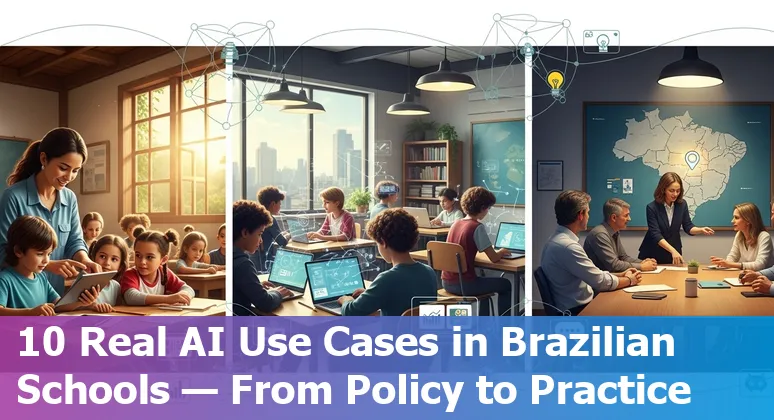 Teacher and students using AI tools like Khanmigo and Plu on laptops in a Brazilian classroom