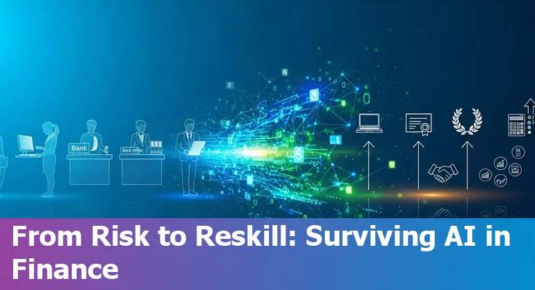 Illustration of Brazilian financial workers adapting to AI with training, laptops, and banking icons