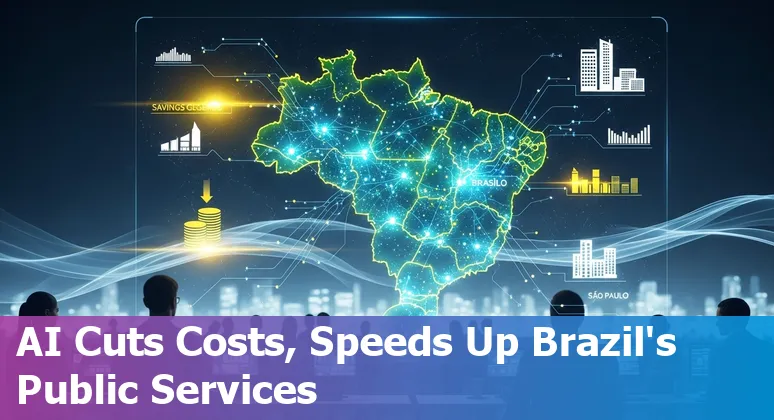 Illustration of AI improving public services in Brazil: INSS, STN and São Paulo pilots with Brazilian flag elements