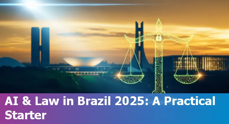 Illustration of AI governance and compliance in Brazil 2025 showing a Brazilian government building, data flows, and regulatory icons.