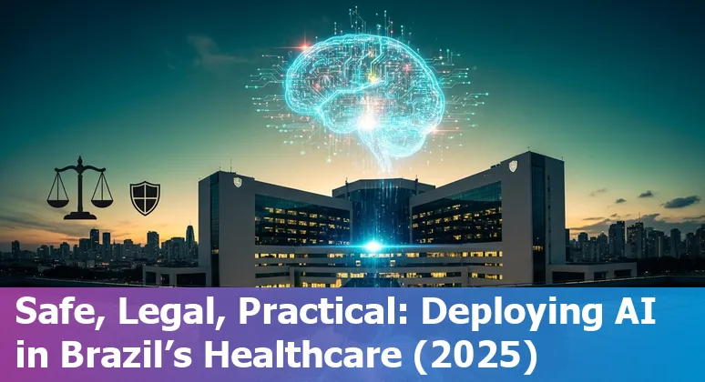 Illustration of AI in healthcare in Brazil 2025 showing clinicians, data security icons and ANVISA/ANPD symbols in Brazil