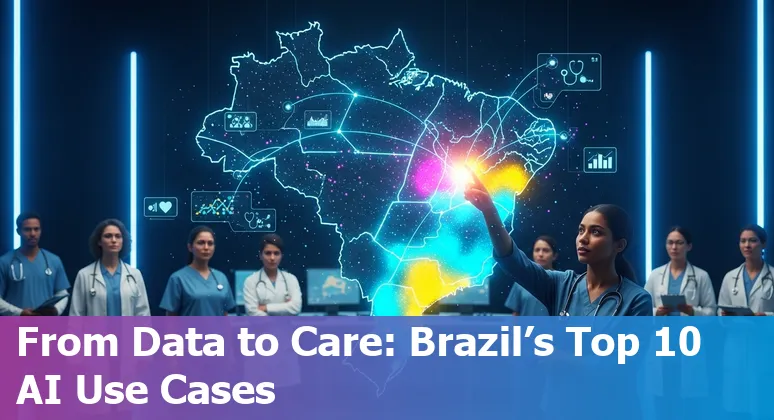 Illustration of AI in Brazilian healthcare showing doctors, hospital icons, data charts and Brazilian flag colors