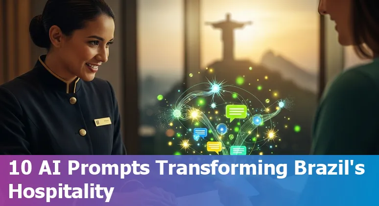 Hotel staff using AI tools and a mobile chatbot app to assist guests at a Brazilian hotel lobby.
