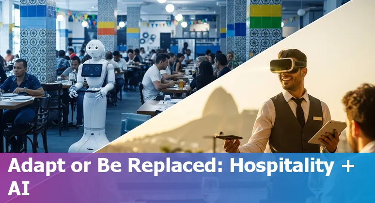 Hotel front desk kiosk, housekeeping robot, and HR worker using an AI dashboard in a Brazilian hospitality setting