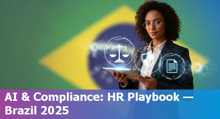 HR professional reviewing AI dashboard with Brazilian flag overlay, 2025 — Brazil