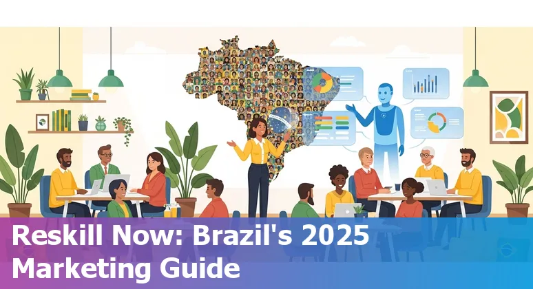 Illustration of AI tools, marketing icons and a Brazil map showing 'Will AI Replace Marketing Jobs in Brazil' in 2025