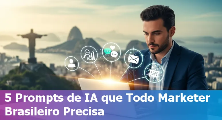 Brazilian marketer using AI prompts on a laptop to create persona, SEO, social media, email and seasonal campaign plans.
