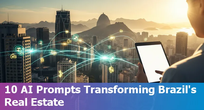 Illustration of AI applied to Brazilian real estate: lead generation, AVM charts, virtual tours, chatbots and virtual staging