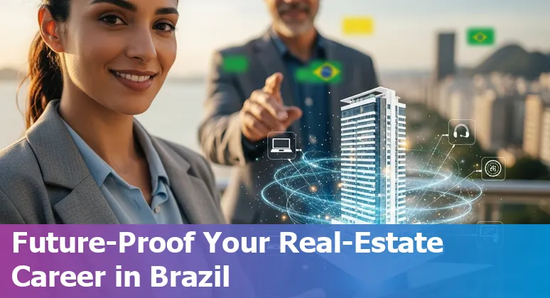 Real estate professional reviewing AI-generated property reports on a laptop with a small Brazilian flag on a desk.