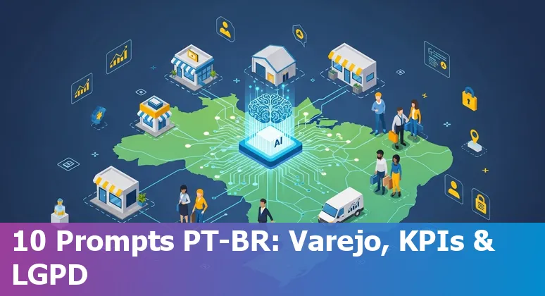 Illustration of AI in Brazilian retail: personalized homepage, delivery trucks, store shelves and chatbots with Brazilian flag accents.