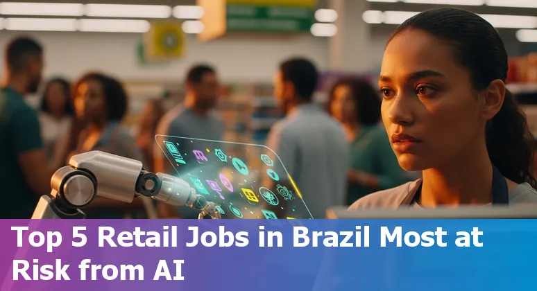 Retail worker at a Brazilian POS terminal with AI icons and training resources nearby