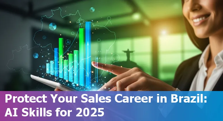 Salesperson using AI tools on a laptop with Brazilian flag colors and charts, representing AI and sales jobs in Brazil