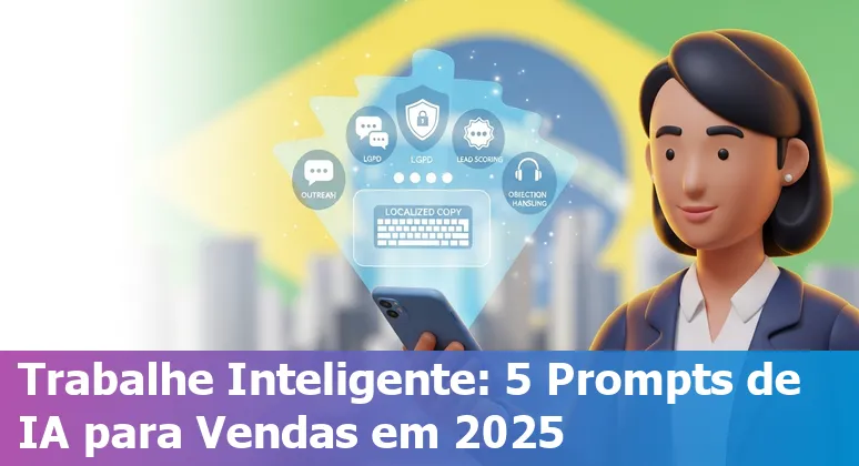 Sales professional using AI prompts on a laptop with Brazilian flag and Brazilian Portuguese copy examples