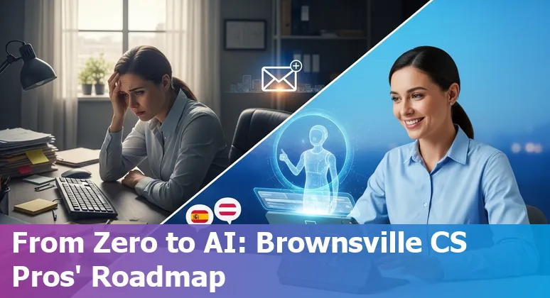 Customer service agent using AI tools on a laptop in Brownsville, Texas with bilingual chat on screen