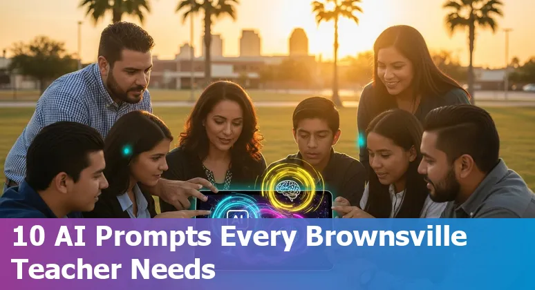 Educators and families in Brownsville discussing AI-powered classroom tools with bilingual materials and data privacy icons.