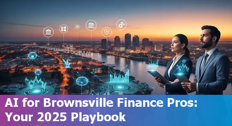 Finance professional using AI tools on a laptop in Brownsville, Texas, US skyline background