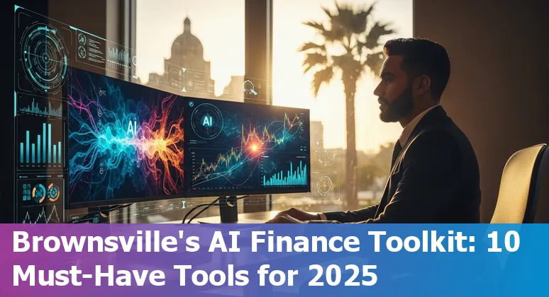 Finance professional using AI tools on a laptop with Brownsville skyline in background, 2025.