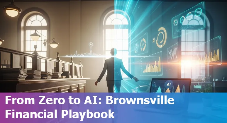 Illustration of AI in financial services in Brownsville, Texas 2025 with skyline, private 5G icons, and banking symbols
