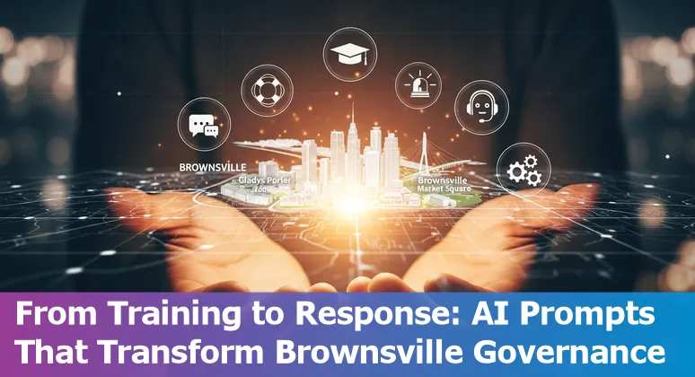City of Brownsville municipal building with AI icons representing chatbots, analytics, training, and translation.