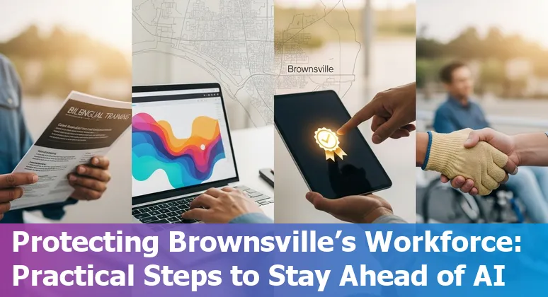 Brownsville city worker using computer with AI icons and bilingual community members in background