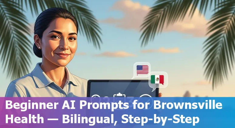 Healthcare worker using AI tools on a tablet with bilingual patient information for Brownsville clinic
